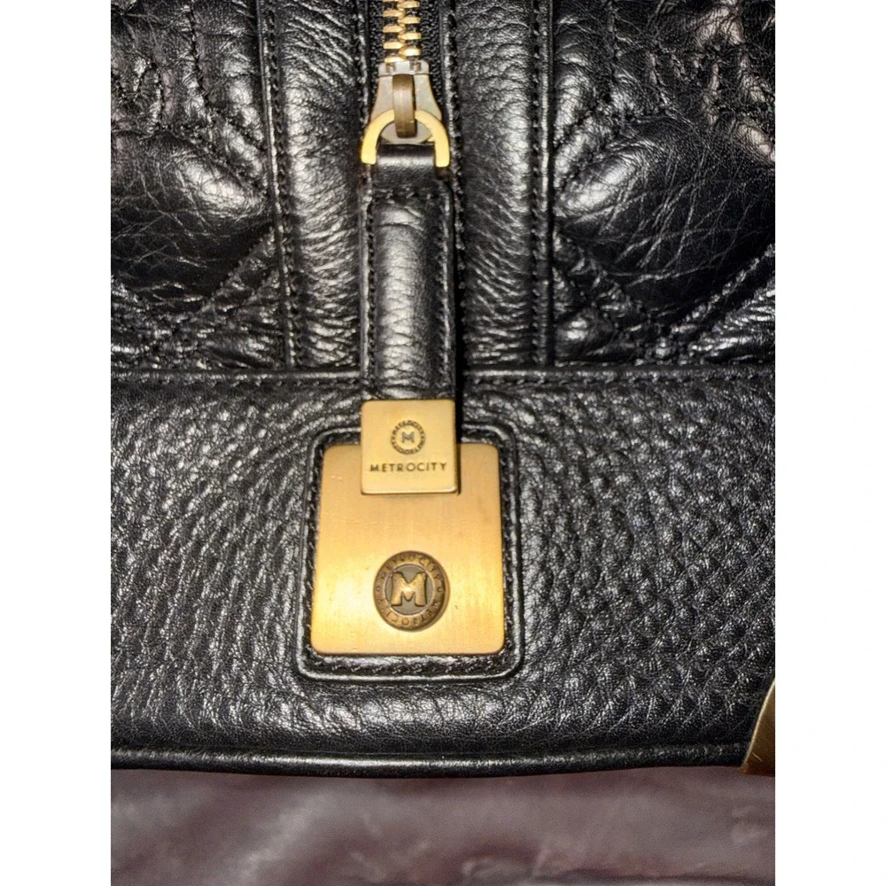Metrocity Italy Black Quilted Pebbled Leather Satchel Handbag Brass Hardware